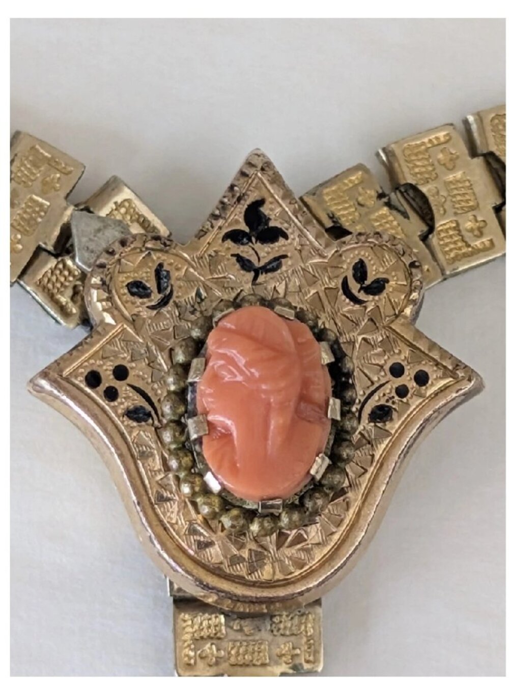 Victorian Gold Filled Book Chain Collar Necklace Natural Salmon Coral Cameo